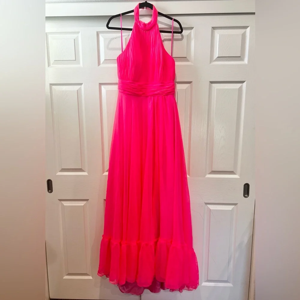 Mac Duggal High Neck Tiered Chiffon Halter Pink Gown 12 #67816